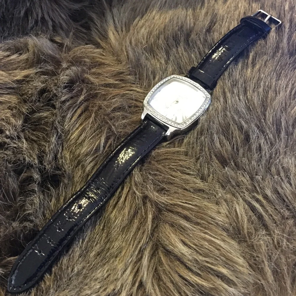 Ladies Embassy black leather rhinestone watch